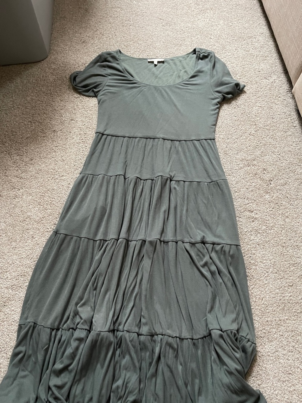 bohme Olive Green Tiered Short-Sleeve Maxi Dress